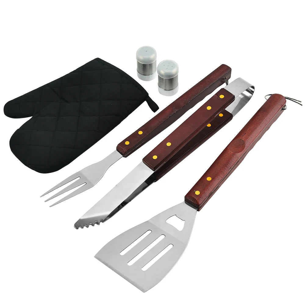 Factory Tik Tok Hot Selling Camping Outdoor Portable 6PCS Wooden Handle BBQ Grill Tools Set With Oxford Bag