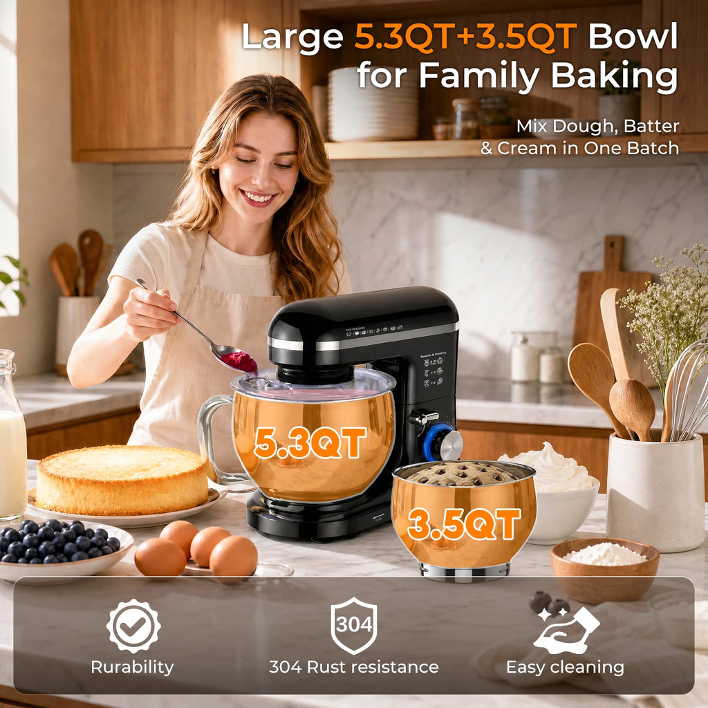 Dual-container Stand Mixer Kitchen Food Stand Mixer with Stainless Steel Bowl, 10 Speeds Beater