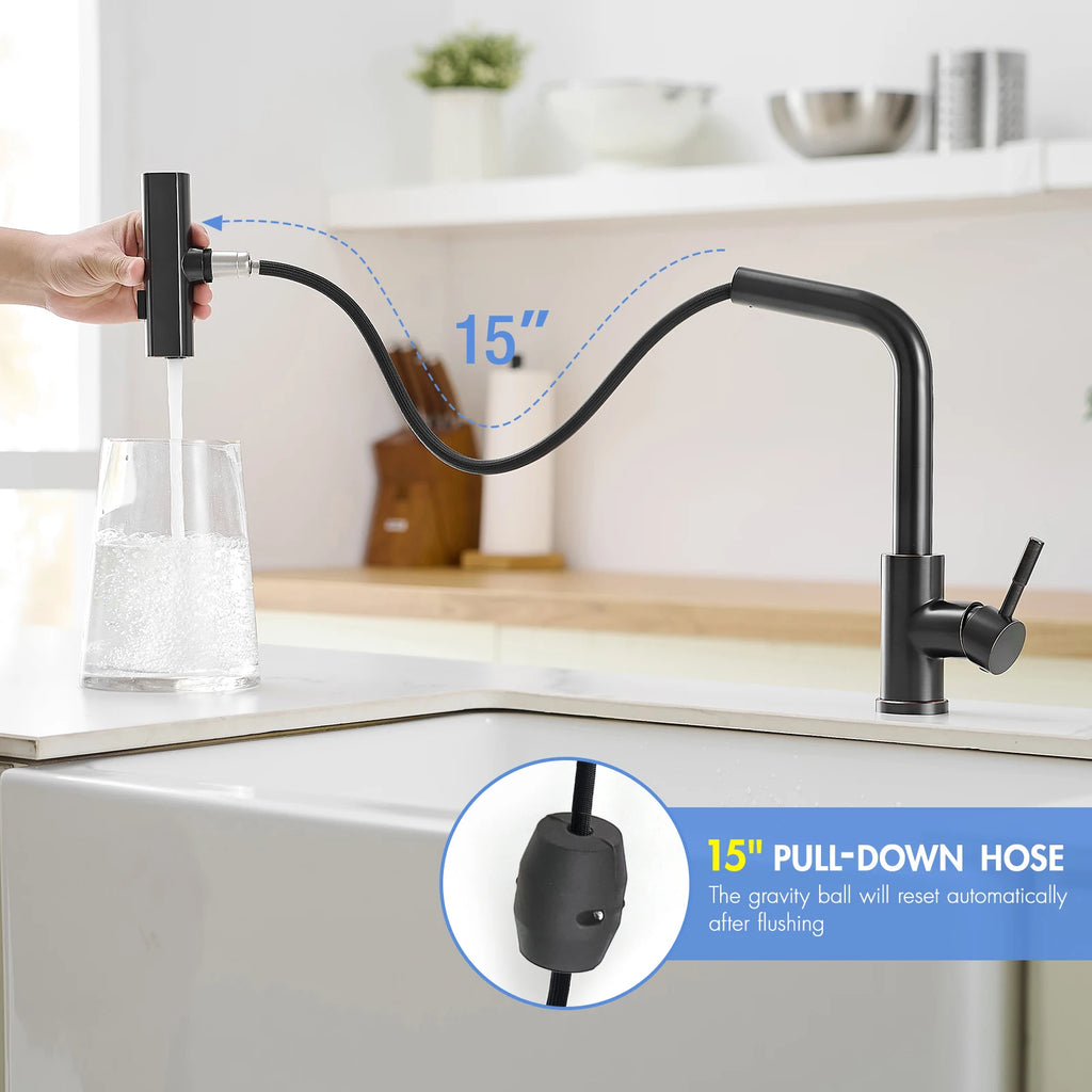 Modern Single Handle 360° Swivel Stainless Steel Waterfall Kitchen Faucet with Pull Out Sprayer Single Hole Kitchen Sink Faucet