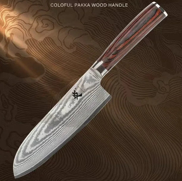 Popular Kitchen Knife Damascus Steel VG10 Japanese 7 Inch Santoku Knife with Colorful Pakka Wood Handle Knives