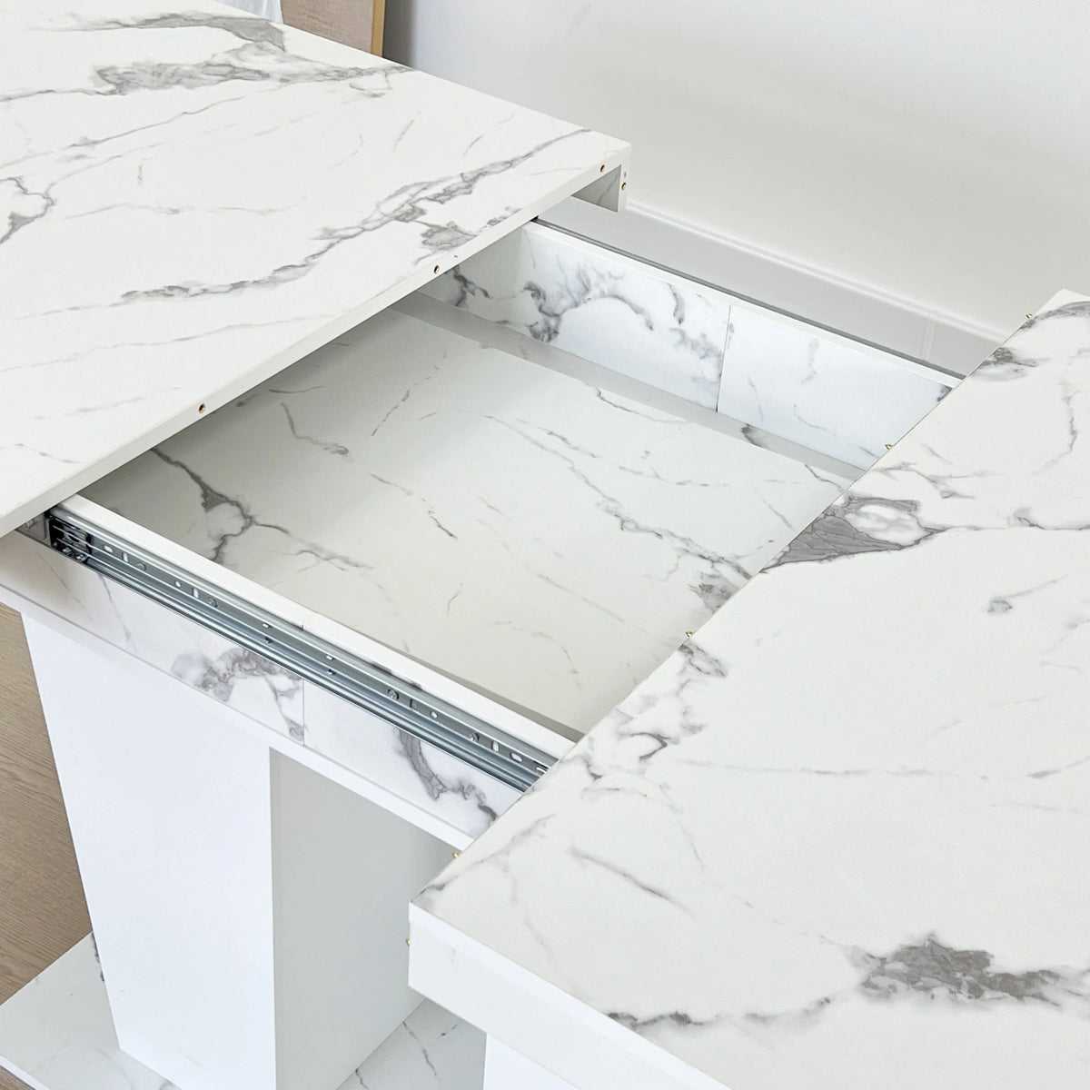Extendable Dining Room Table 6-10 Modern White Faux Marble Particle Board Expandable Square Kitchen Table W/Dual Column Pedestal