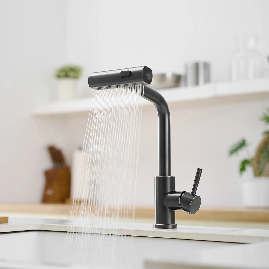 Modern Single Handle 360° Swivel Stainless Steel Waterfall Kitchen Faucet with Pull Out Sprayer Single Hole Kitchen Sink Faucet