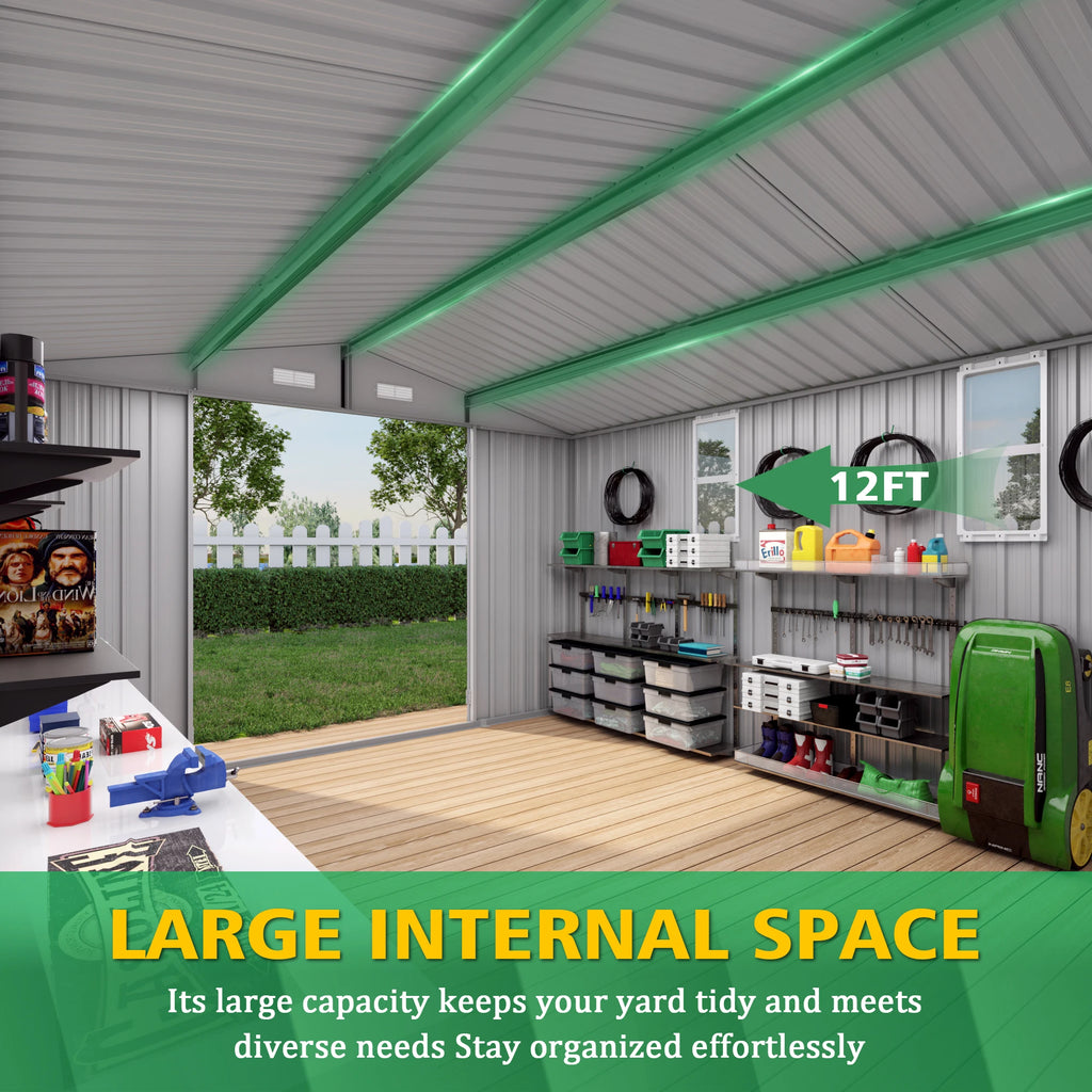 10x14FT Modern Galvanized Steel Garden Tools Storage Shed Waterproof Rodent Proof Eco-Friendly Features Foundation Included Free