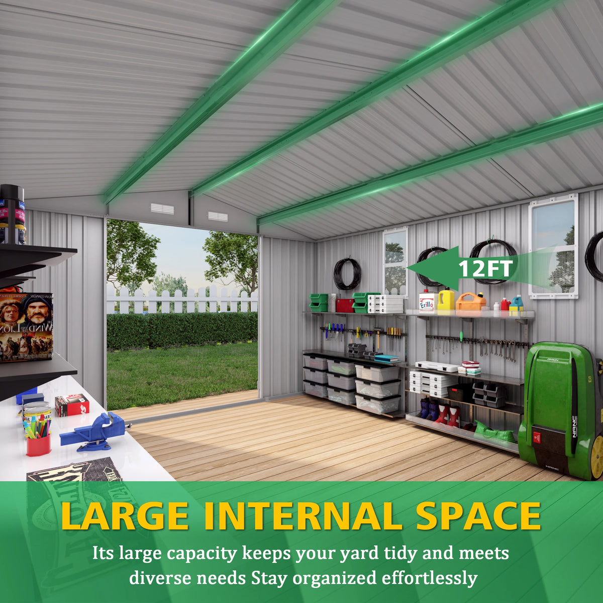 10x14FT Modern Galvanized Steel Garden Tools Storage Shed Waterproof Rodent Proof Eco-Friendly Features Foundation Included Free