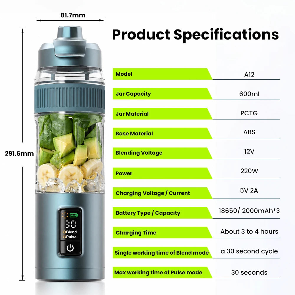 Portable Rechargeable Electric Mini Blender 6 Stainless Steel Blades Home Use USB Juicer Hotel Outdoor Button BPA Free Container
