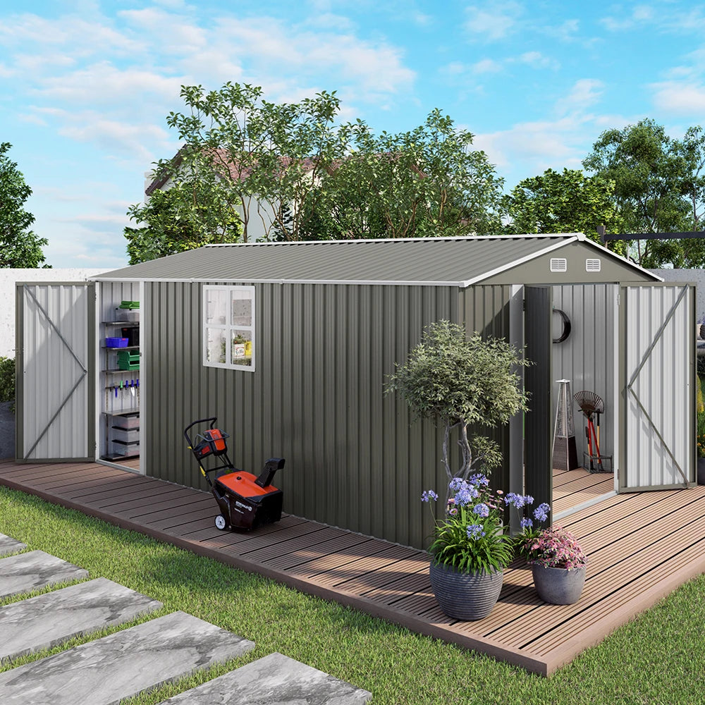 10x14FT Modern Galvanized Steel Garden Tools Storage Shed Waterproof Rodent Proof Eco-Friendly Features Foundation Included Free
