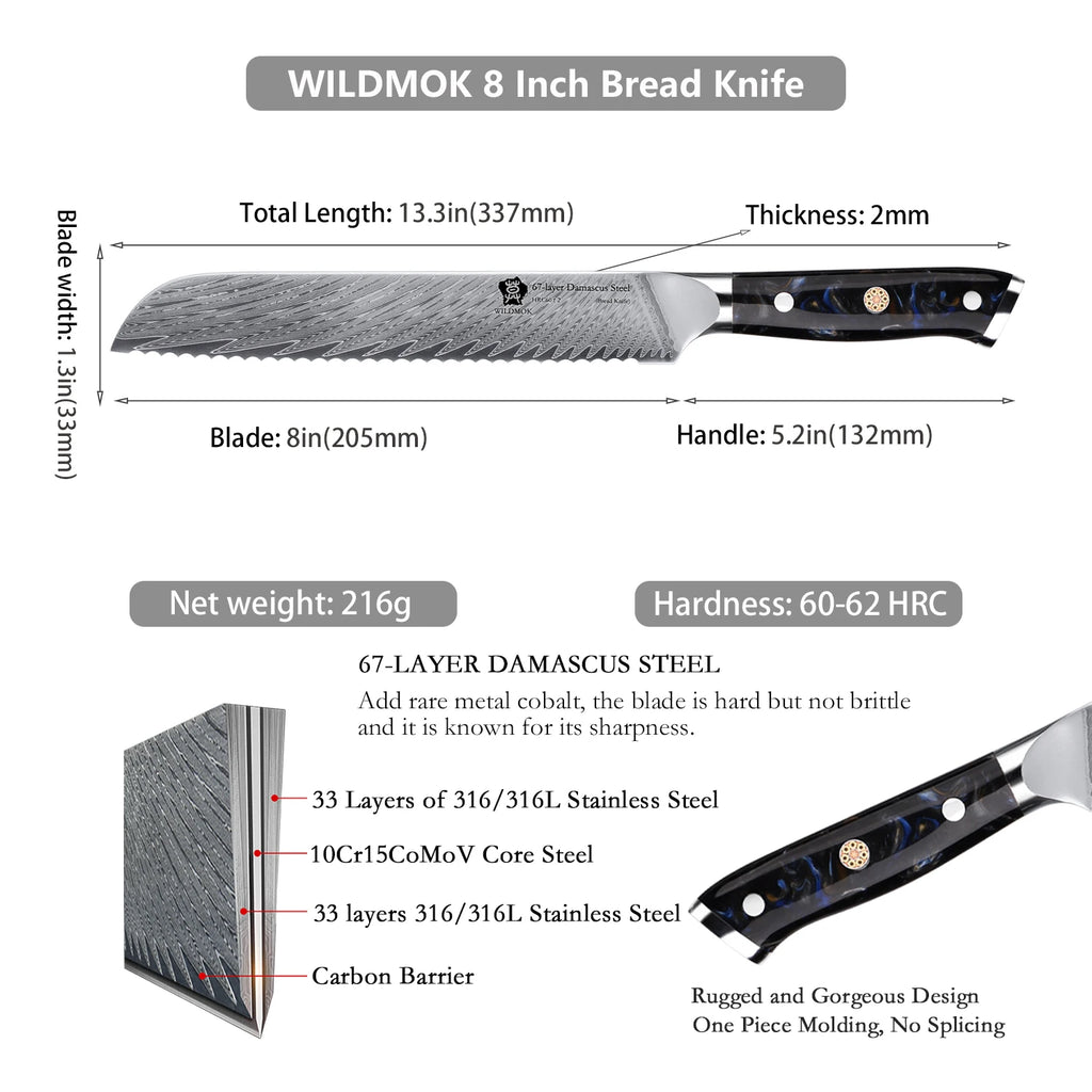 WILDMOK 8-Inch Damascus Serrated Steel Bread Knife with Ergonomic Full Tang Resin Handle Kitchen Knives