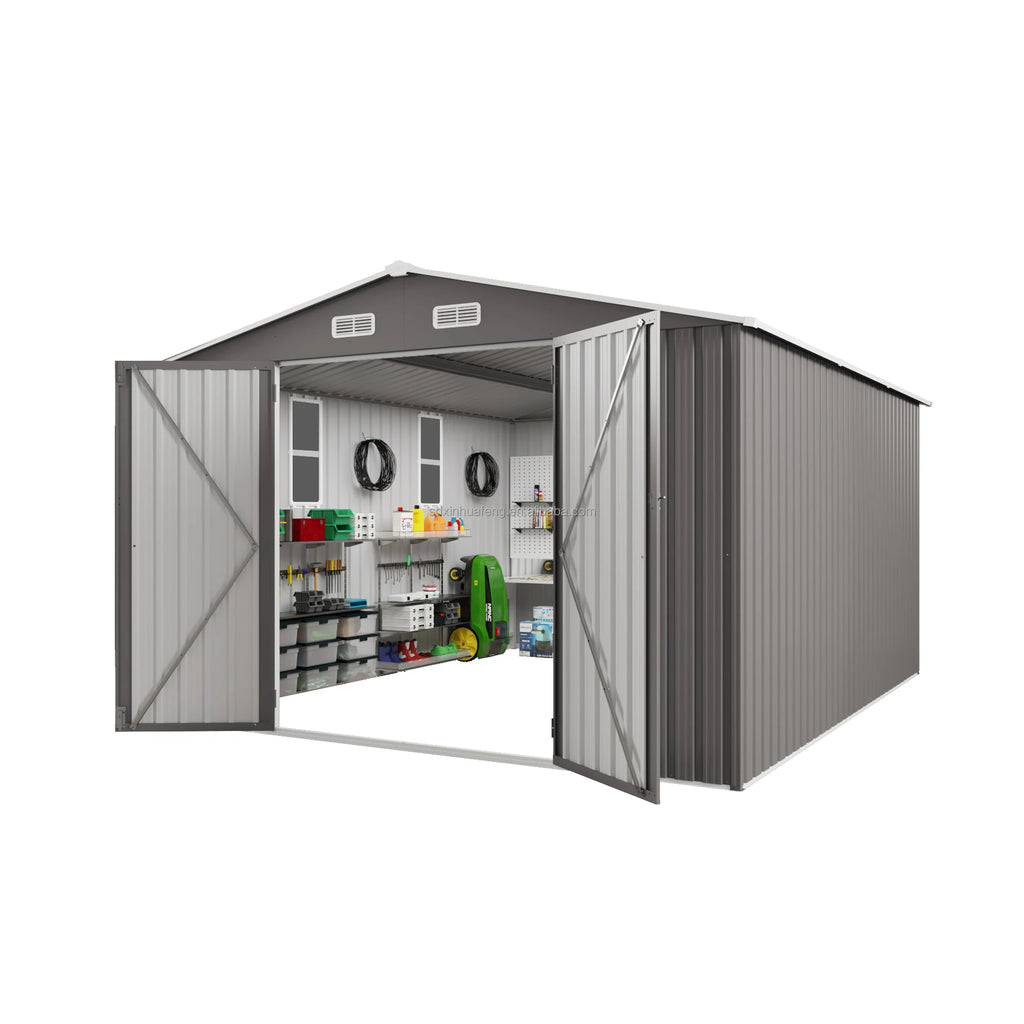 10x14FT Modern Galvanized Steel Garden Tools Storage Shed Waterproof Rodent Proof Eco-Friendly Features Foundation Included Free