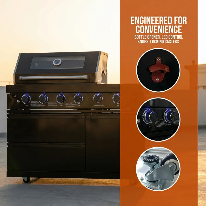46-inch Black Propane Gas Grill Four Burners Stainless Steel Modern Luxurious Durable Outdoor Kitchen Islands