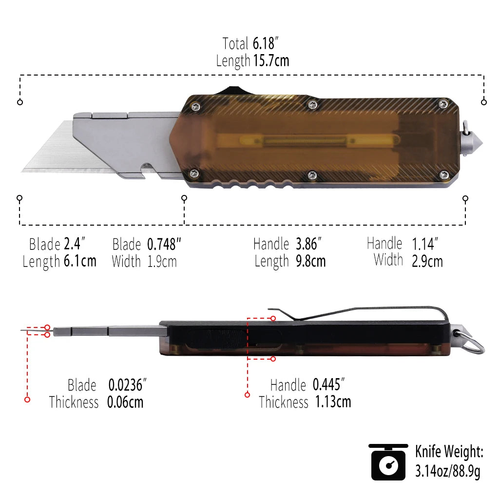 TGZUO Premium PEI Aluminum Retractable Utility Knife with Window Breaker OTF Slider Pocket Knife CNC EDC Tool Knife