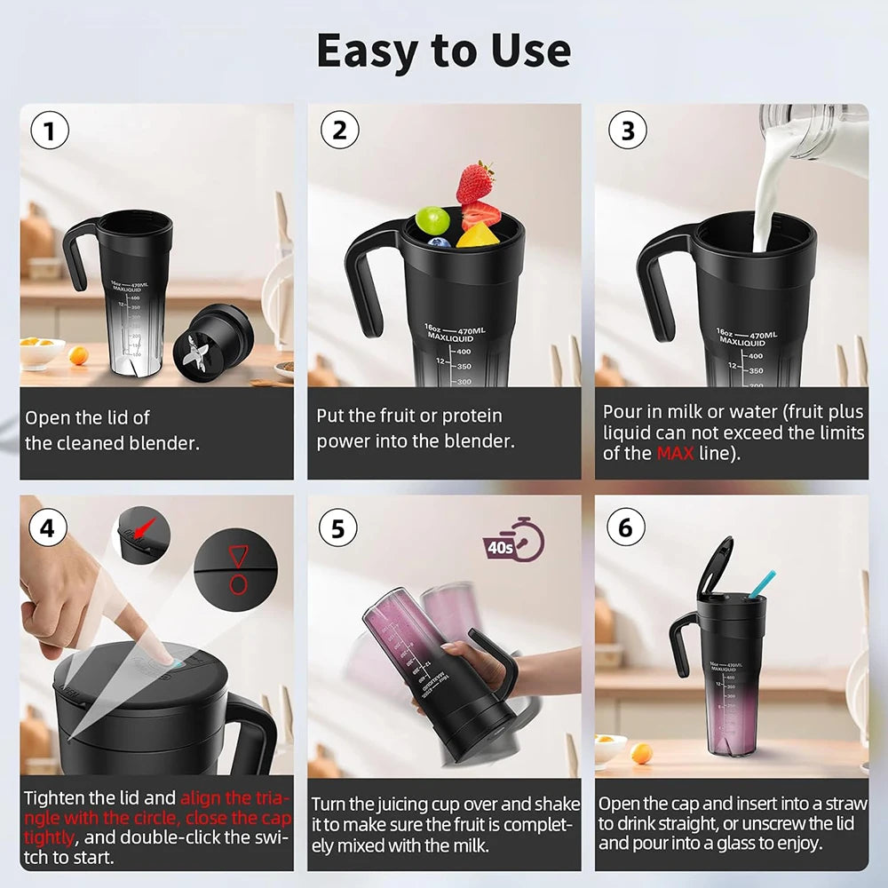 Top Quality Portable Blender Cup Bottle USB Rechargeable 470ml 6 Blades Fruit Mixer Mini Hand Juicer Blender Smoothie With Straw