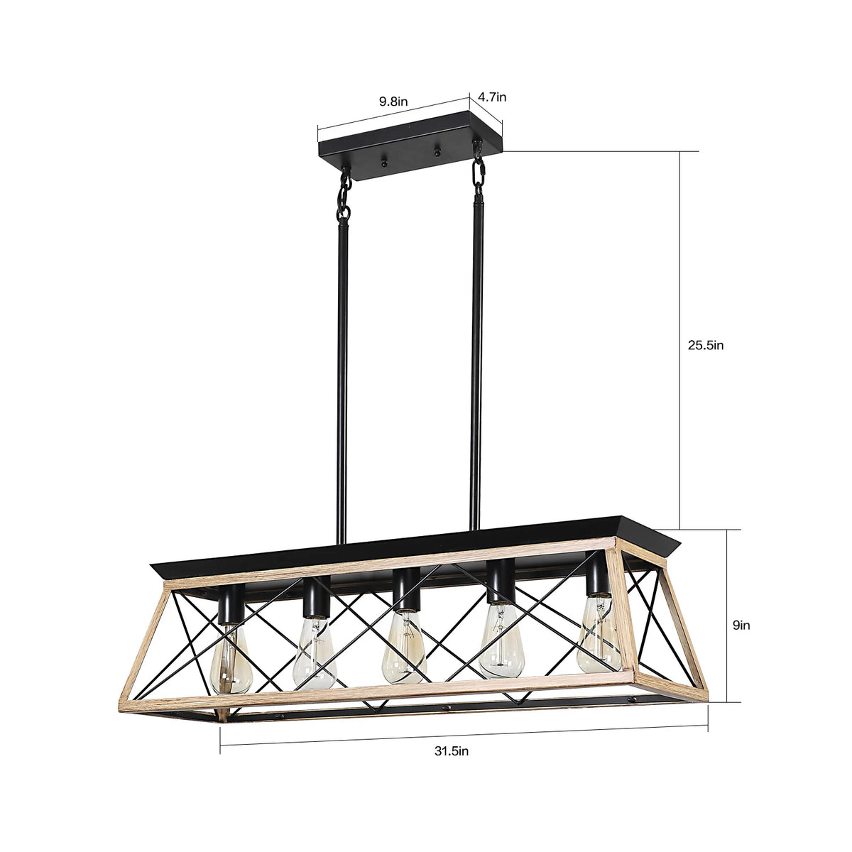 5-Light Steel Farmhouse Chandeliers for Dining Room, Rustic Kitchen Island Lighting, Adjustable Height Pendant Light for Kitchen