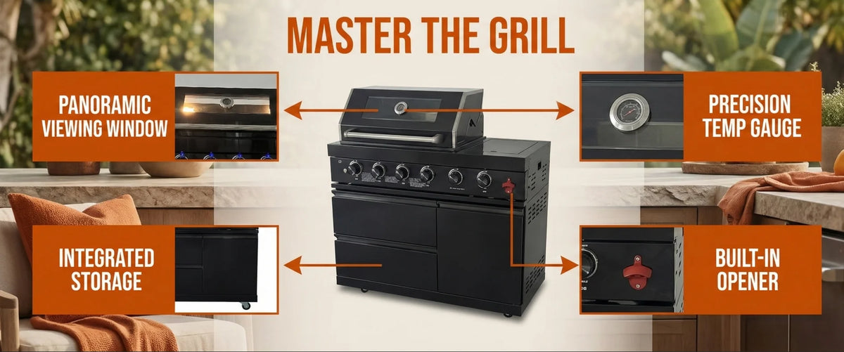 46-inch Black Propane Gas Grill Four Burners Stainless Steel Modern Luxurious Durable Outdoor Kitchen Islands