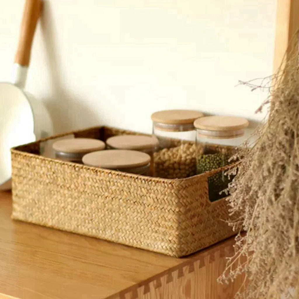Zerolife cesta de ervas marinhas tecidas naturais, cesta de palha de vime para mesa de casa, toalhas de pão de frutas, pequeno recipiente de armazenamento de cozinha