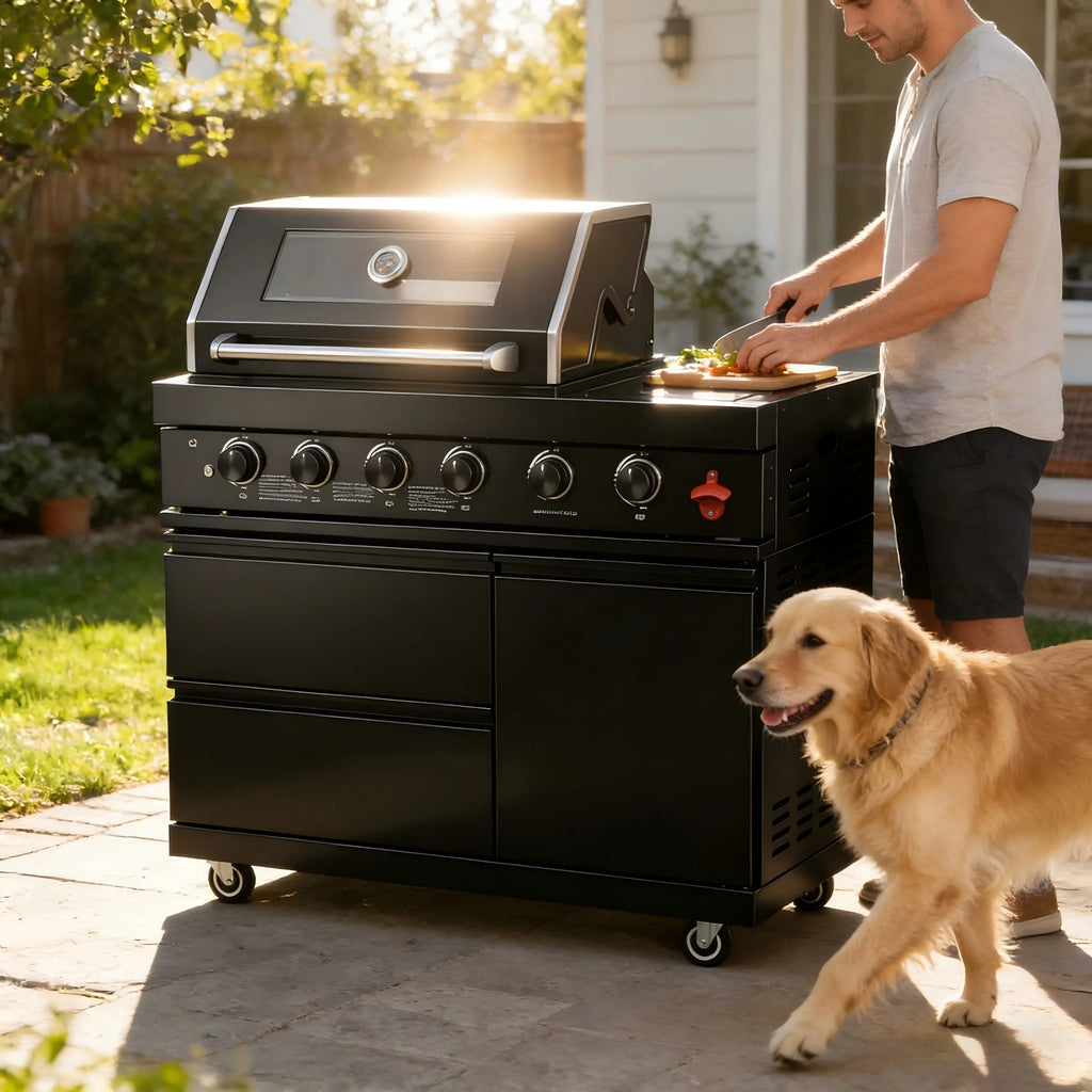 46-inch Black Propane Gas Grill Four Burners Stainless Steel Modern Luxurious Durable Outdoor Kitchen Islands