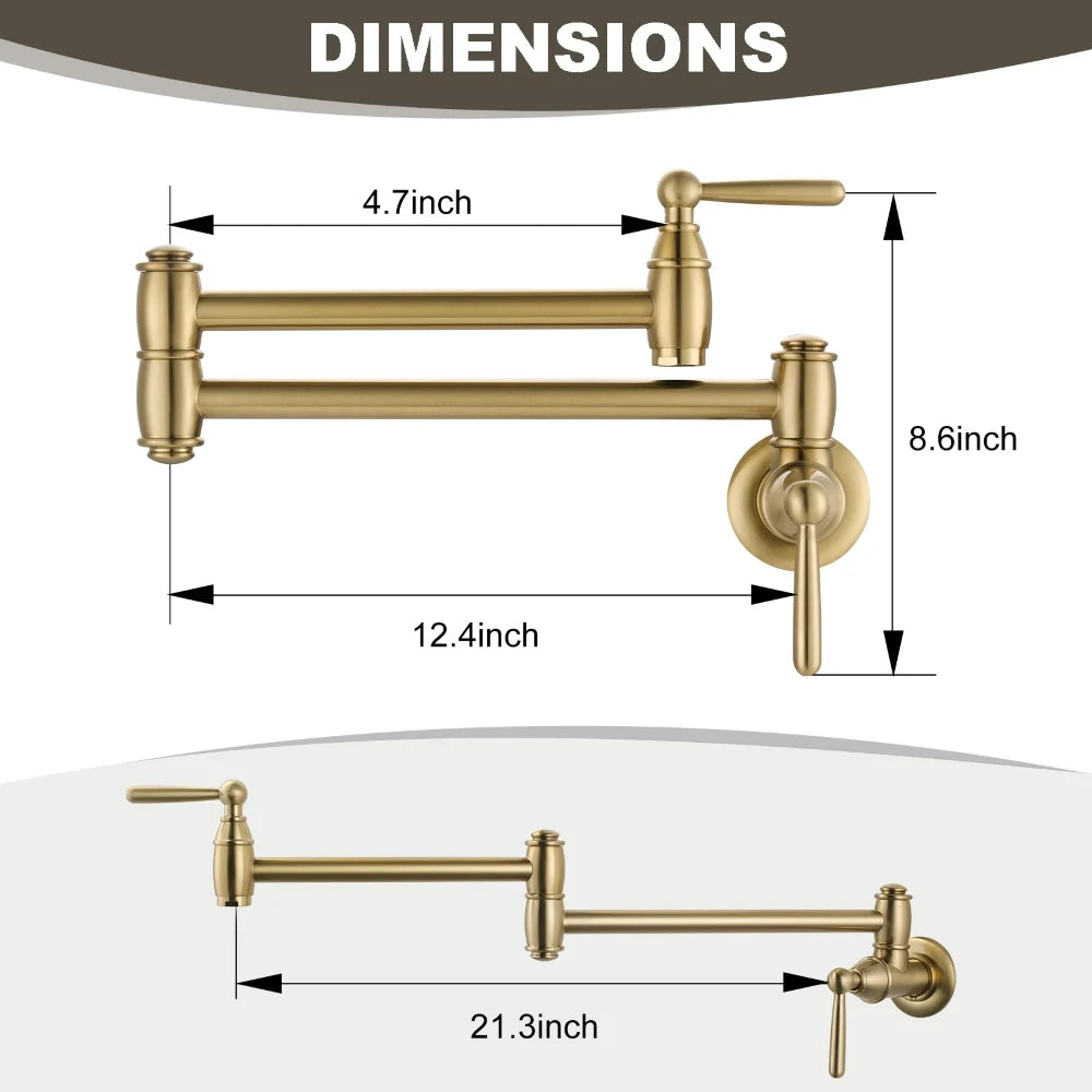 Gold Pot Filler Faucet, Two Handles Kitchen Sink Pot Filler Taps, Single Hole Folding Kitchen Faucet for Sink Stove