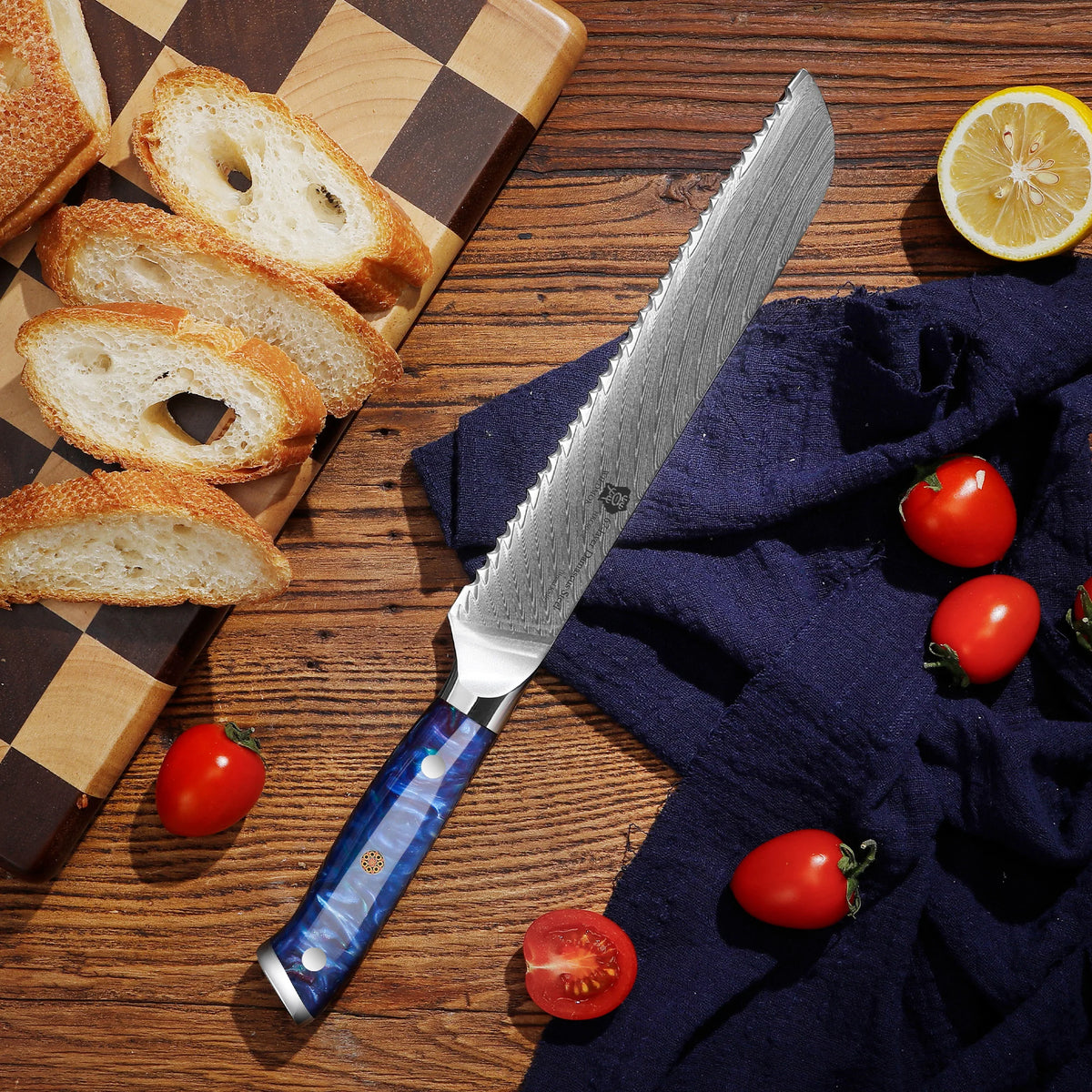 WILDMOK 8-Inch Damascus Serrated Steel Bread Knife with Ergonomic Full Tang Resin Handle Kitchen Knives