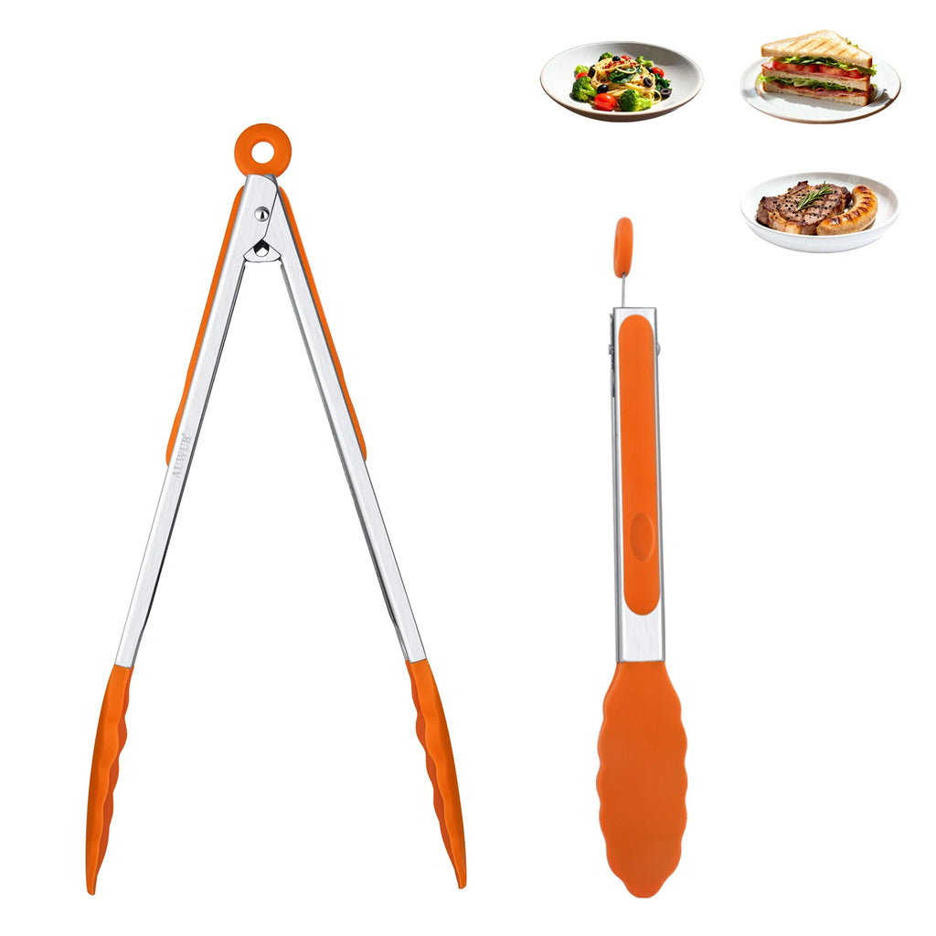 9+12 Inch Silicone Food Tong Stainless Steel Silicone Non-slip Cooking Clip Clamp BBQ Salad Tools Cooking Kitchen Accessories
