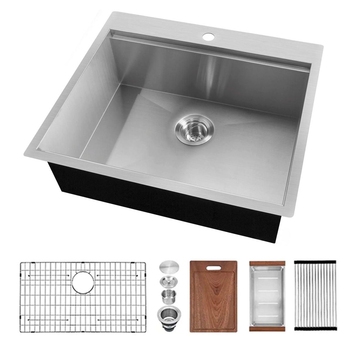 American 25 Inch Handmade Drop-in Kitchen Sink 304 Stainless Steel Single Rectangular Bowl Basin