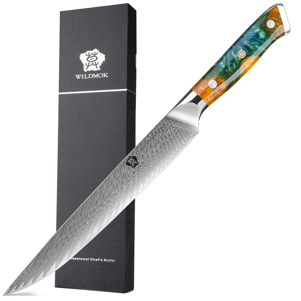 WILDMOK 9 Inch Damascus VG10 High Carbon Stainless Steel Meat Fruit Cutting Kitchen Slicing Knife with Resin Handle