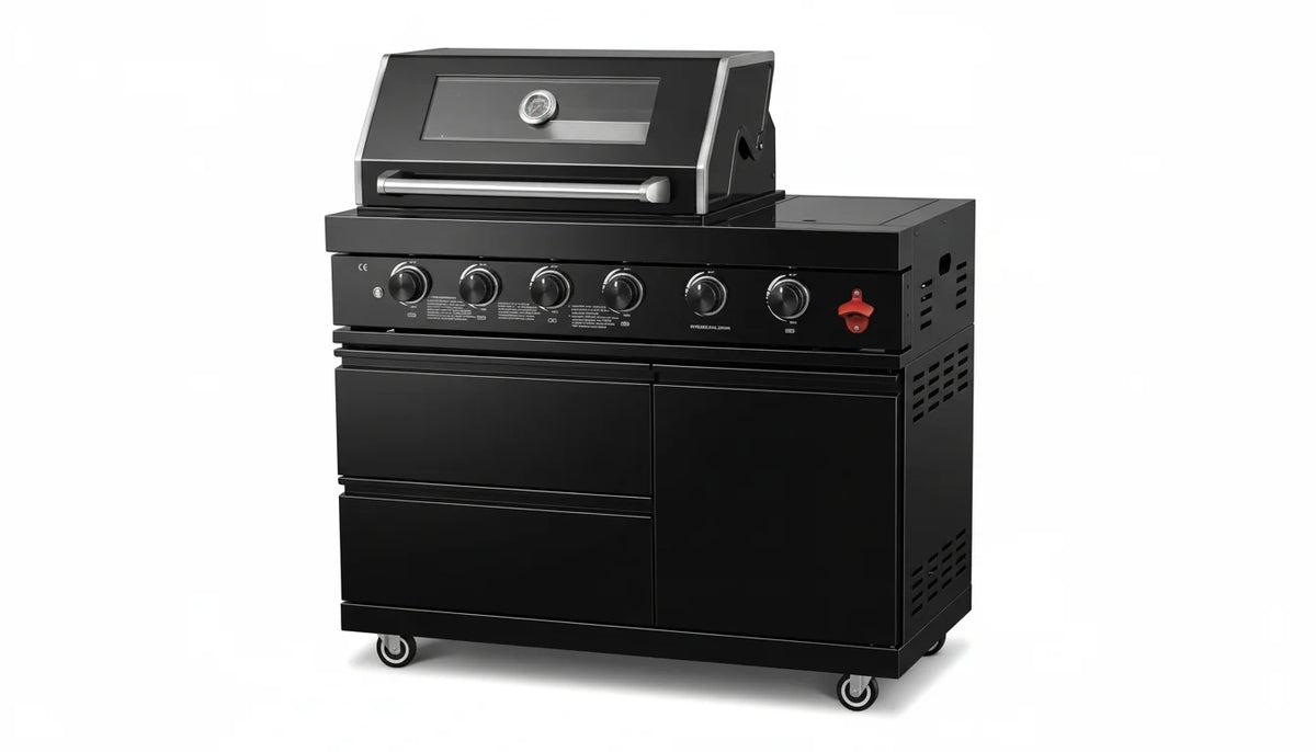 46-inch Black Propane Gas Grill Four Burners Stainless Steel Modern Luxurious Durable Outdoor Kitchen Islands