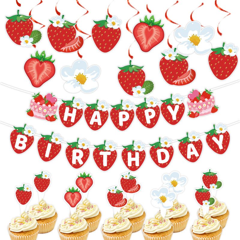 European and American Strawberry Birthday Theme Party Supplies Flags, Flowers, Honeycomb Table Decorations, Desktop Table Decorations - Kasa & Pet