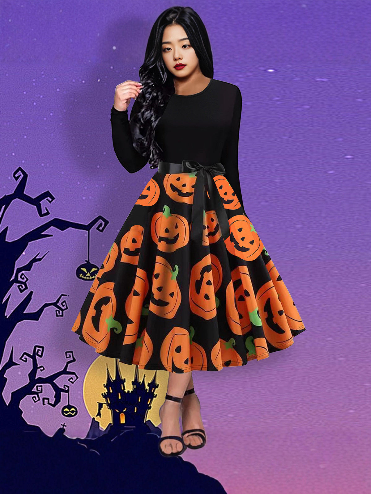 Cross-Border Amazon European and American Clothing Hot Sale Pumpkin Bow Halloween Dress Long-Sleeved Princess Holiday Casual