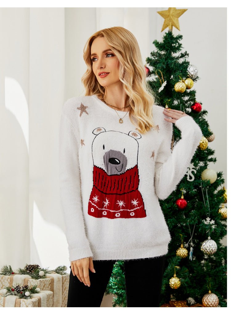 Cross-Border Popular European and American Design Knitted Tops Christmas Cartoon Jacquard Sweaters Embroidered Bear Christmas Sweaters
