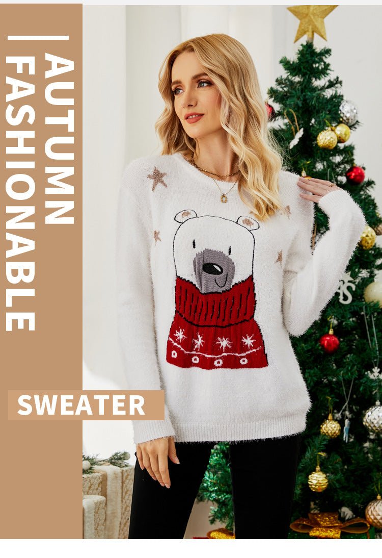 Cross-Border Popular European and American Design Knitted Tops Christmas Cartoon Jacquard Sweaters Embroidered Bear Christmas Sweaters