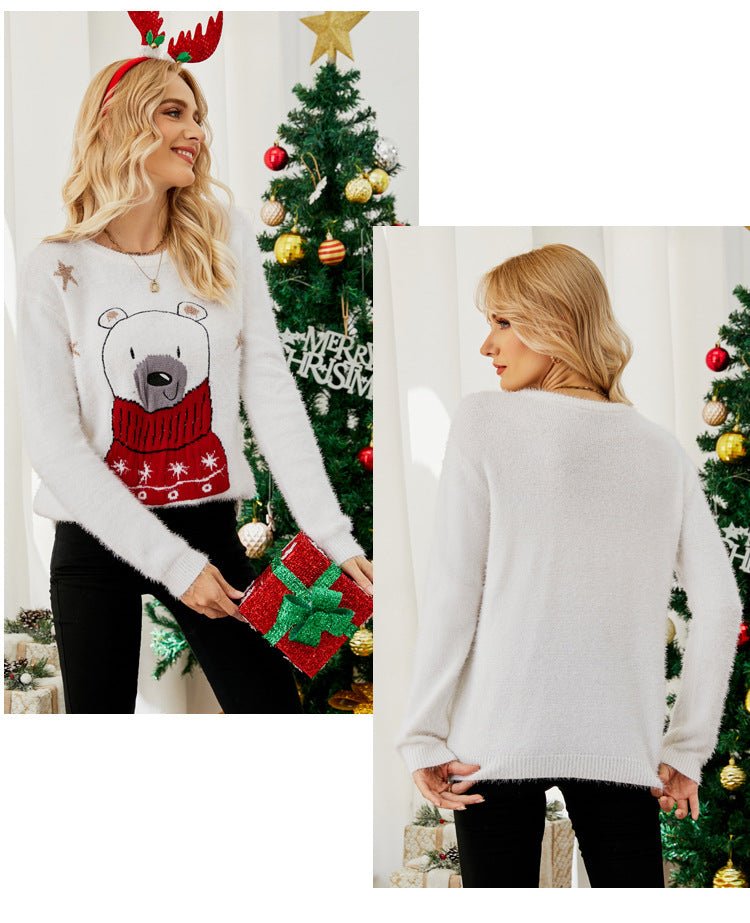 Cross-Border Popular European and American Design Knitted Tops Christmas Cartoon Jacquard Sweaters Embroidered Bear Christmas Sweaters