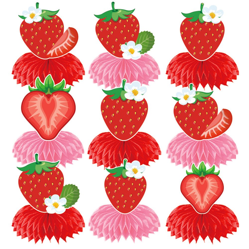 European and American Strawberry Birthday Theme Party Supplies Flags, Flowers, Honeycomb Table Decorations, Desktop Table Decorations - Kasa & Pet