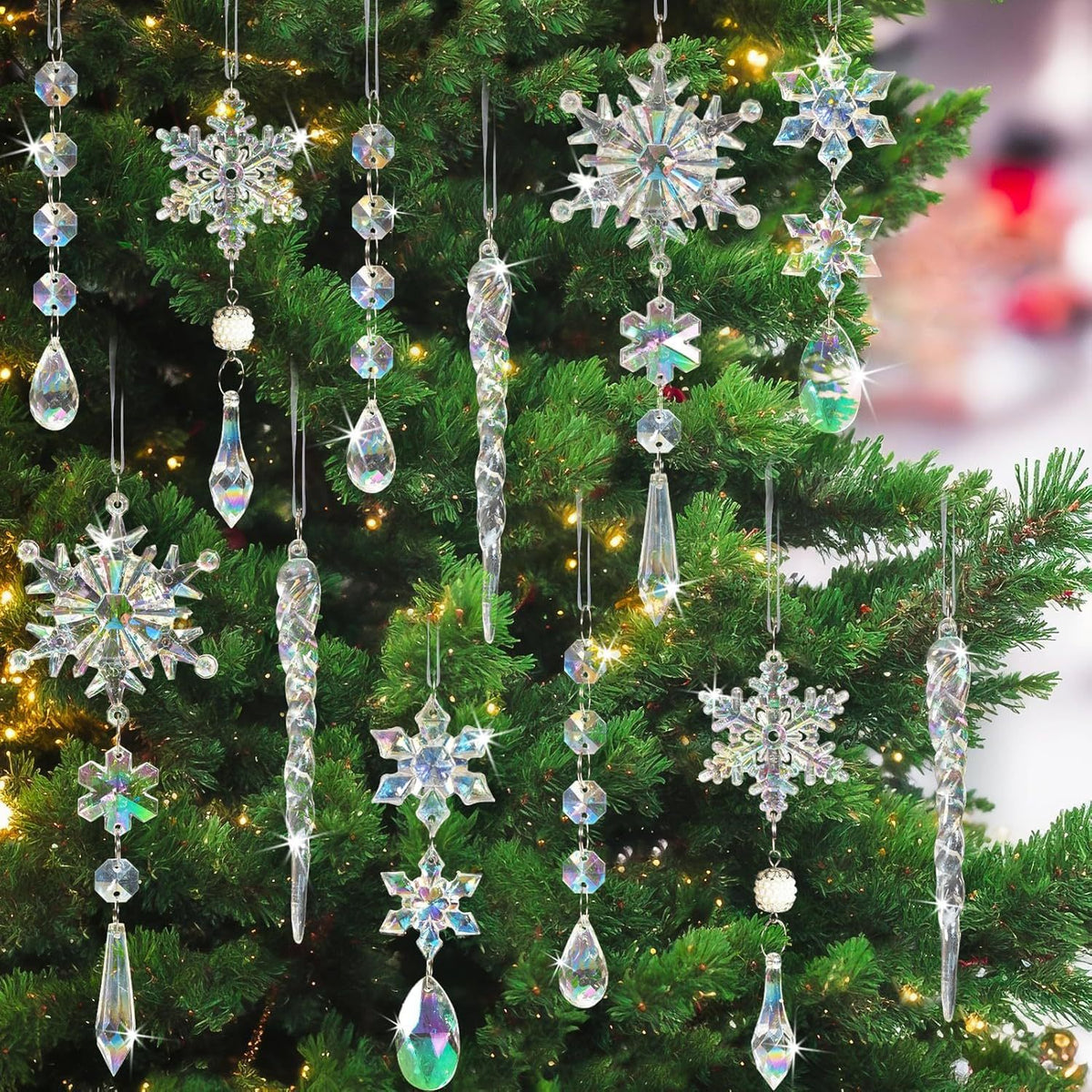 18Pcs Christmas Tree Decoration Crystal Christmas Decorations Hanging Acrylic Snowflakes and Icicles Christmas Tree Pendants