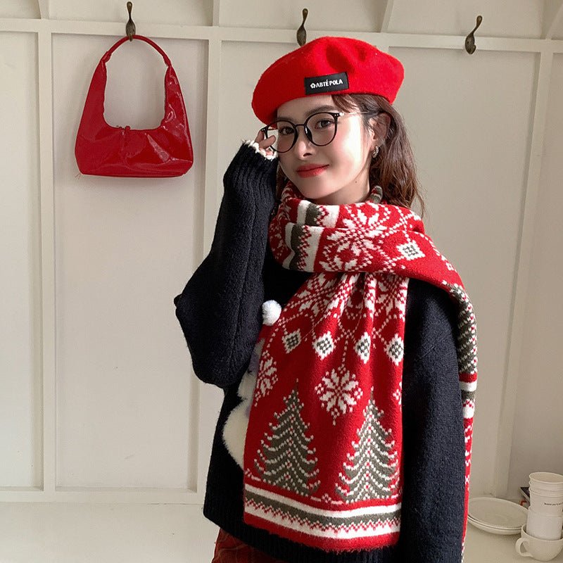 Atmosphere Christmas Tree Deer Wool Blended Knitted Scarf Women's Winter Warm Thickened Cold-proof Wool Scarf