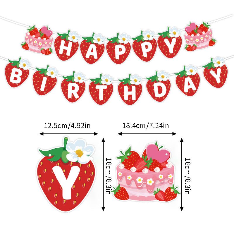 European and American Strawberry Birthday Theme Party Supplies Flags, Flowers, Honeycomb Table Decorations, Desktop Table Decorations