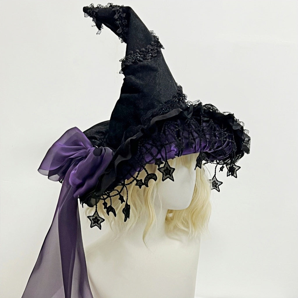 Halloween Dark Purple Lace Big Bow Witch Hat Dark Gothic Wizard Big Brim Hat Lolita Witch Hat