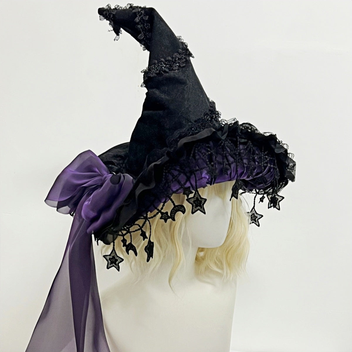 Halloween Dark Purple Lace Big Bow Witch Hat Dark Gothic Wizard Big Brim Hat Lolita Witch Hat