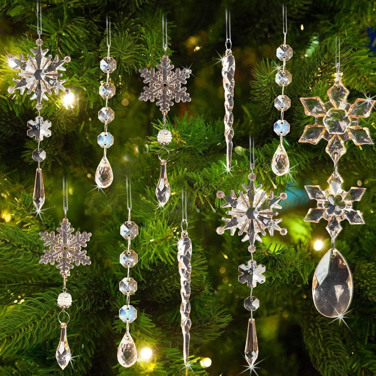 18Pcs Christmas Tree Decoration Crystal Christmas Decorations Hanging Acrylic Snowflakes and Icicles Christmas Tree Pendants