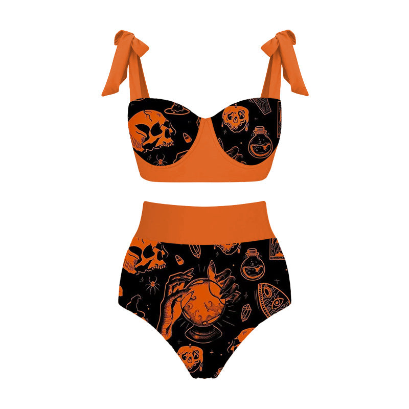 Halloween Limited Edition Swimsuit with Bows, Pumpkin Print Split Swimsuit, Cross-Border Hot Style and Sexy