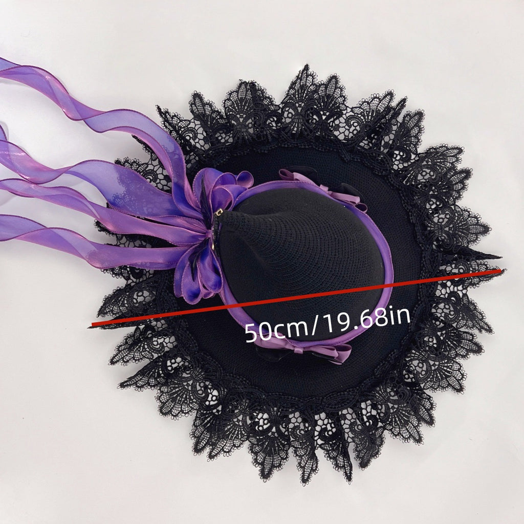 Handmade Dark Devil Bat Gothic Lolita Lace Halloween Witch Hat Witch Wizard Hat Headdress Lace