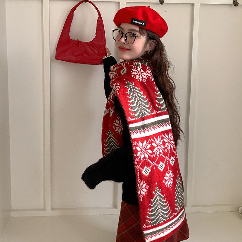 Atmosphere Christmas Tree Deer Wool Blended Knitted Scarf Women's Winter Warm Thickened Cold-proof Wool Scarf