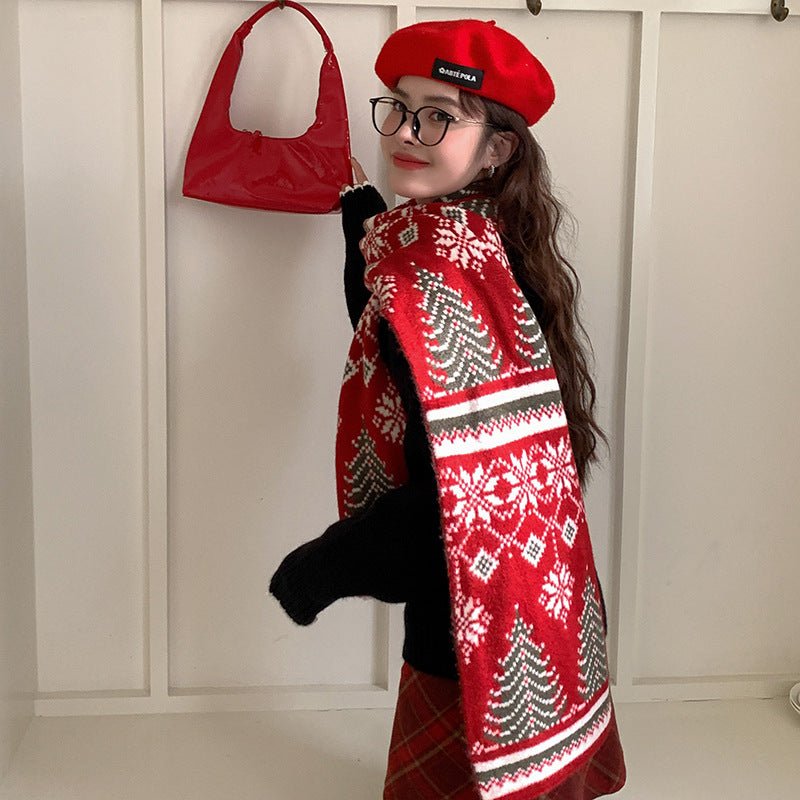 Atmosphere Christmas Tree Deer Wool Blended Knitted Scarf Women's Winter Warm Thickened Cold-proof Wool Scarf