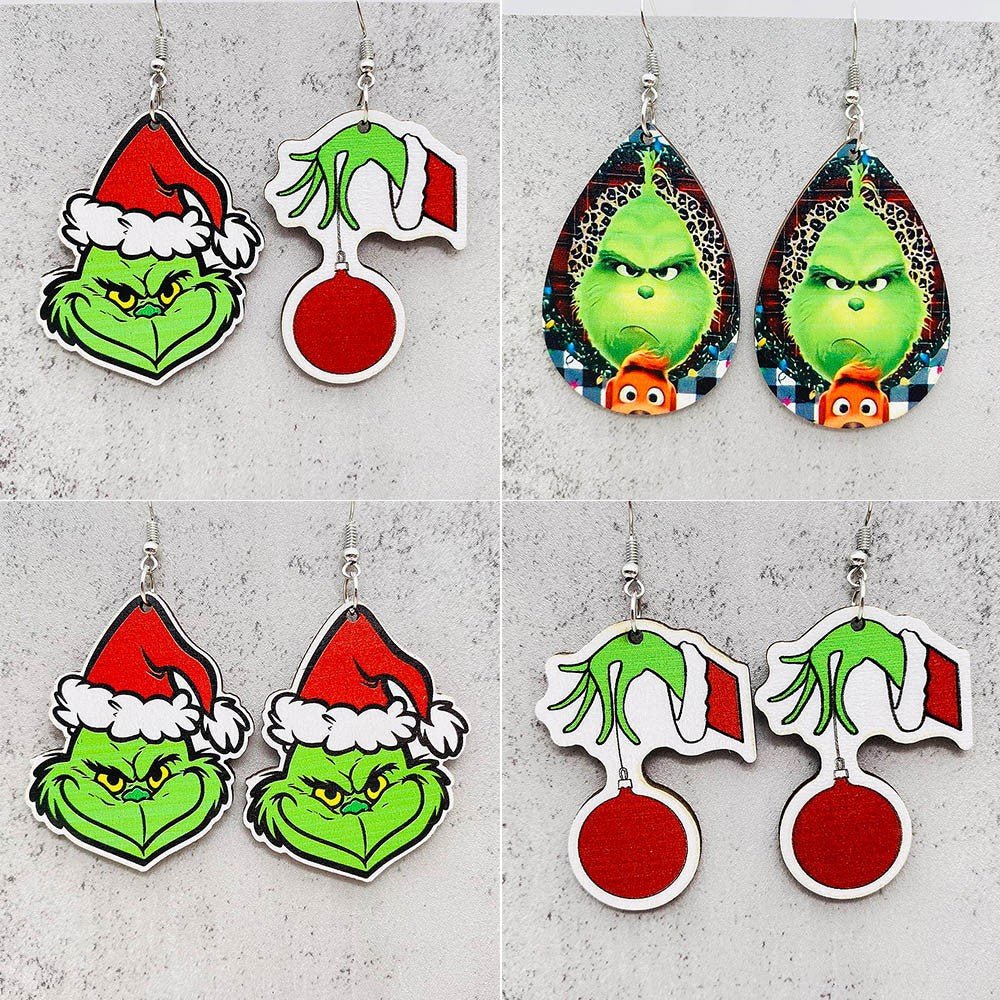 Cross-border new European and American Christmas Grinch wooden earrings green fur strange Christmas gift drop wooden earrings earrings - Kasa & Pet