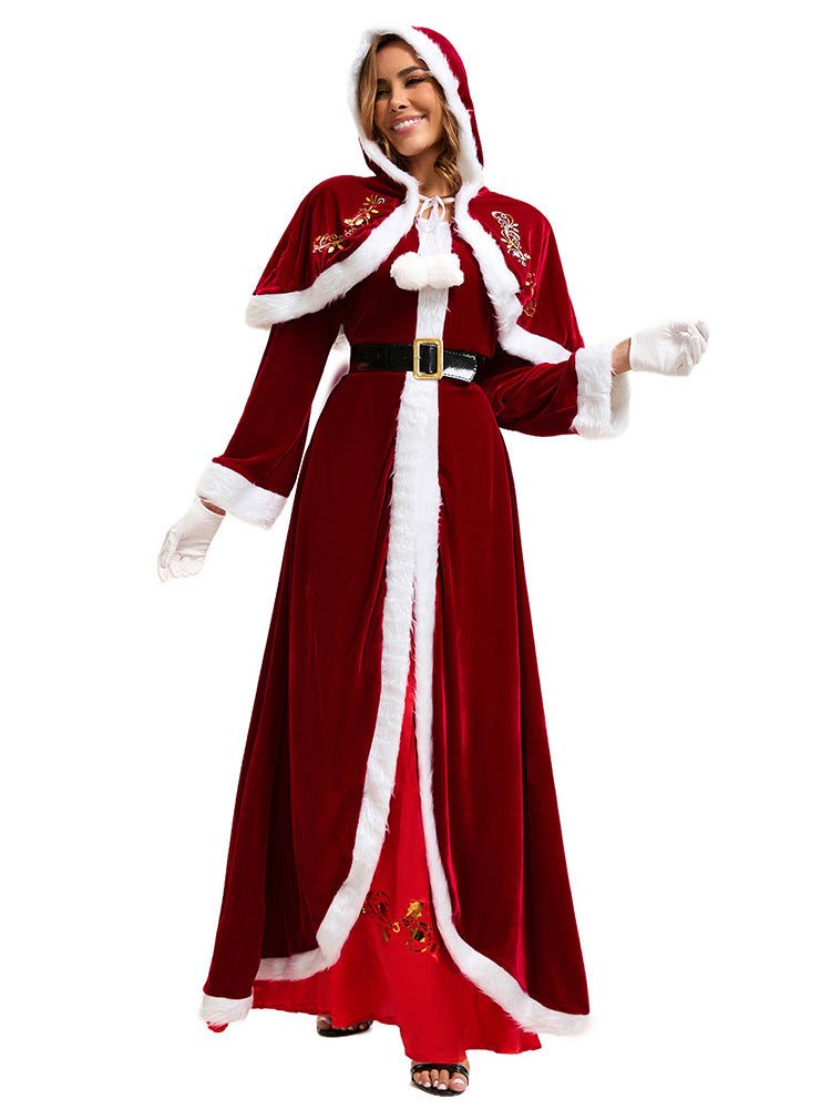 European and American Cross-Border Christmas Clothing Long-Sleeved Women's Christmas Dress Thickeneded Santa Claus with Shawl Christmas Queen Costume