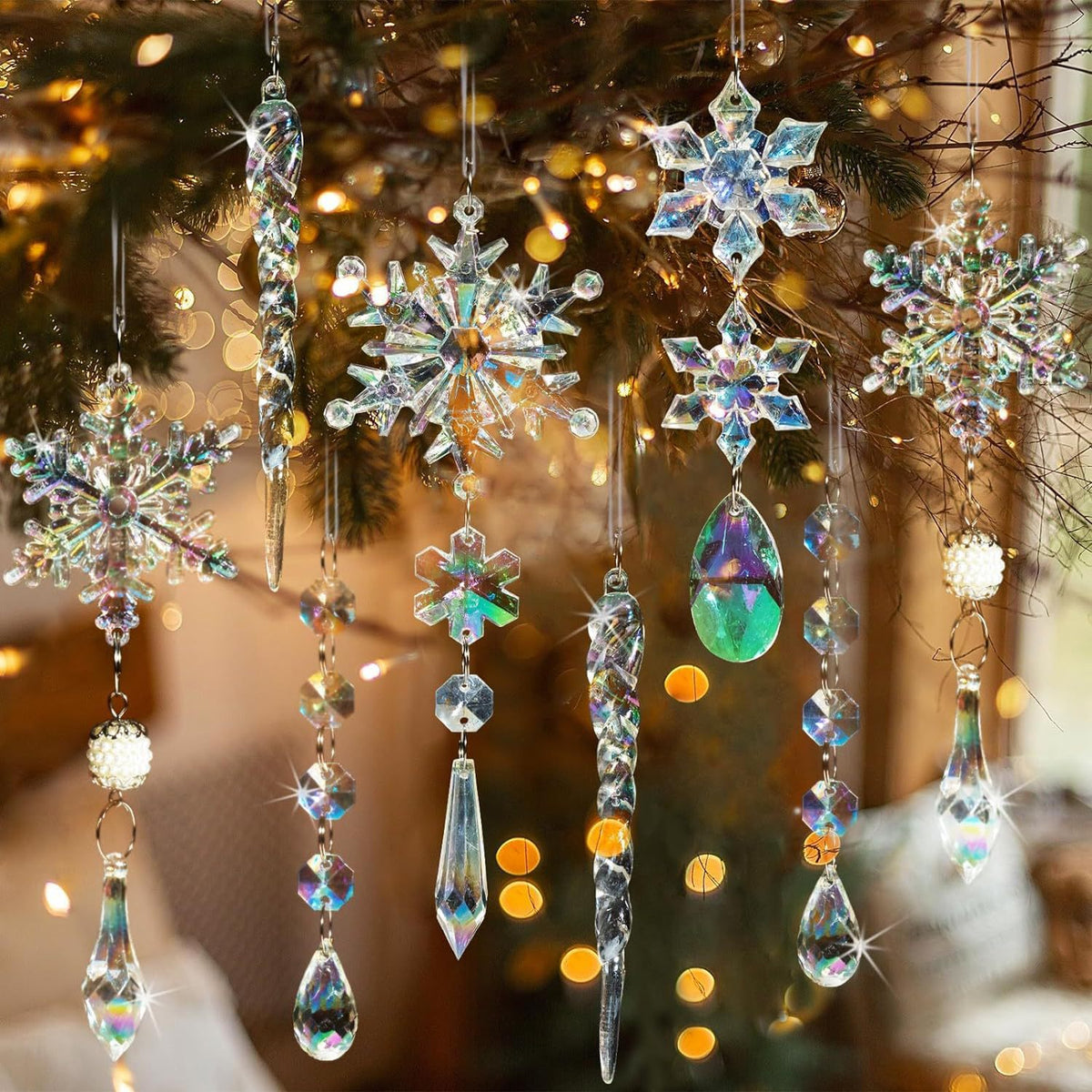 18Pcs Christmas Tree Decoration Crystal Christmas Decorations Hanging Acrylic Snowflakes and Icicles Christmas Tree Pendants