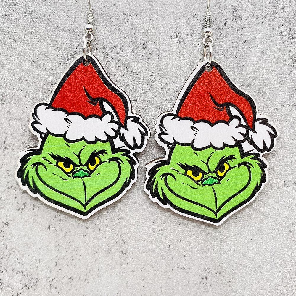 Cross-border new European and American Christmas Grinch wooden earrings green fur strange Christmas gift drop wooden earrings earrings - Kasa & Pet