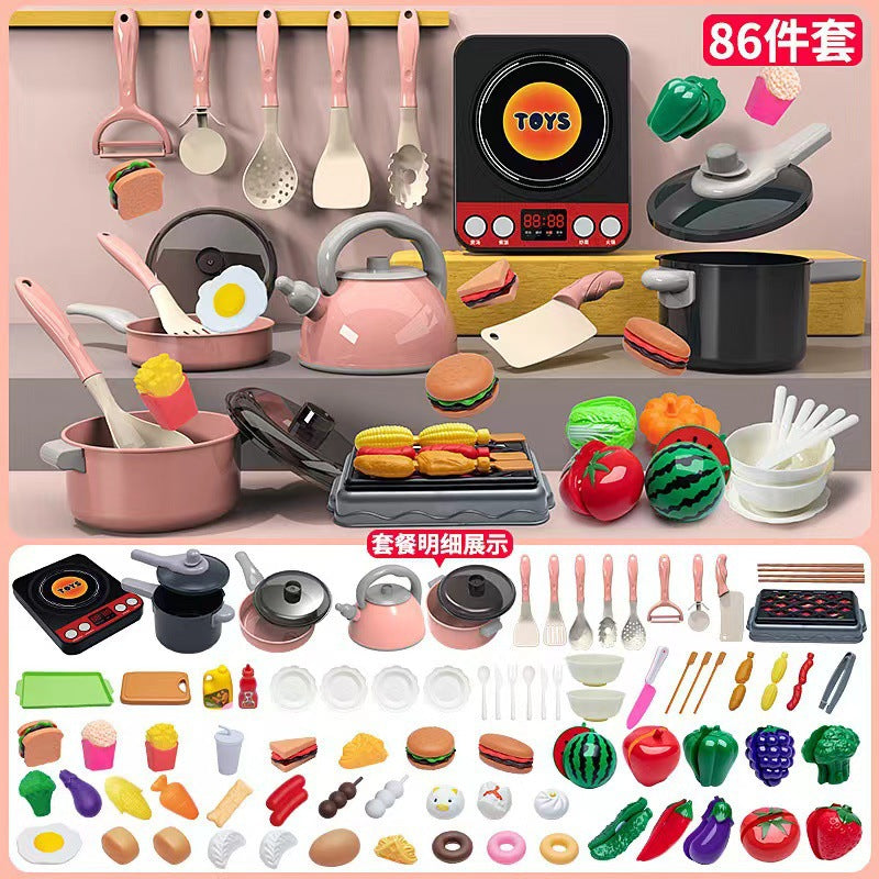 Cross-border simulation kitchenette cooking kitchenware suit fruit cutting music girls play house toys induction cooker cooking