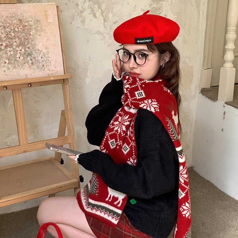 Atmosphere Christmas Tree Deer Wool Blended Knitted Scarf Women's Winter Warm Thickened Cold-proof Wool Scarf