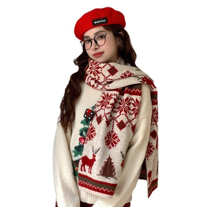 Atmosphere Christmas Tree Deer Wool Blended Knitted Scarf Women's Winter Warm Thickened Cold-proof Wool Scarf