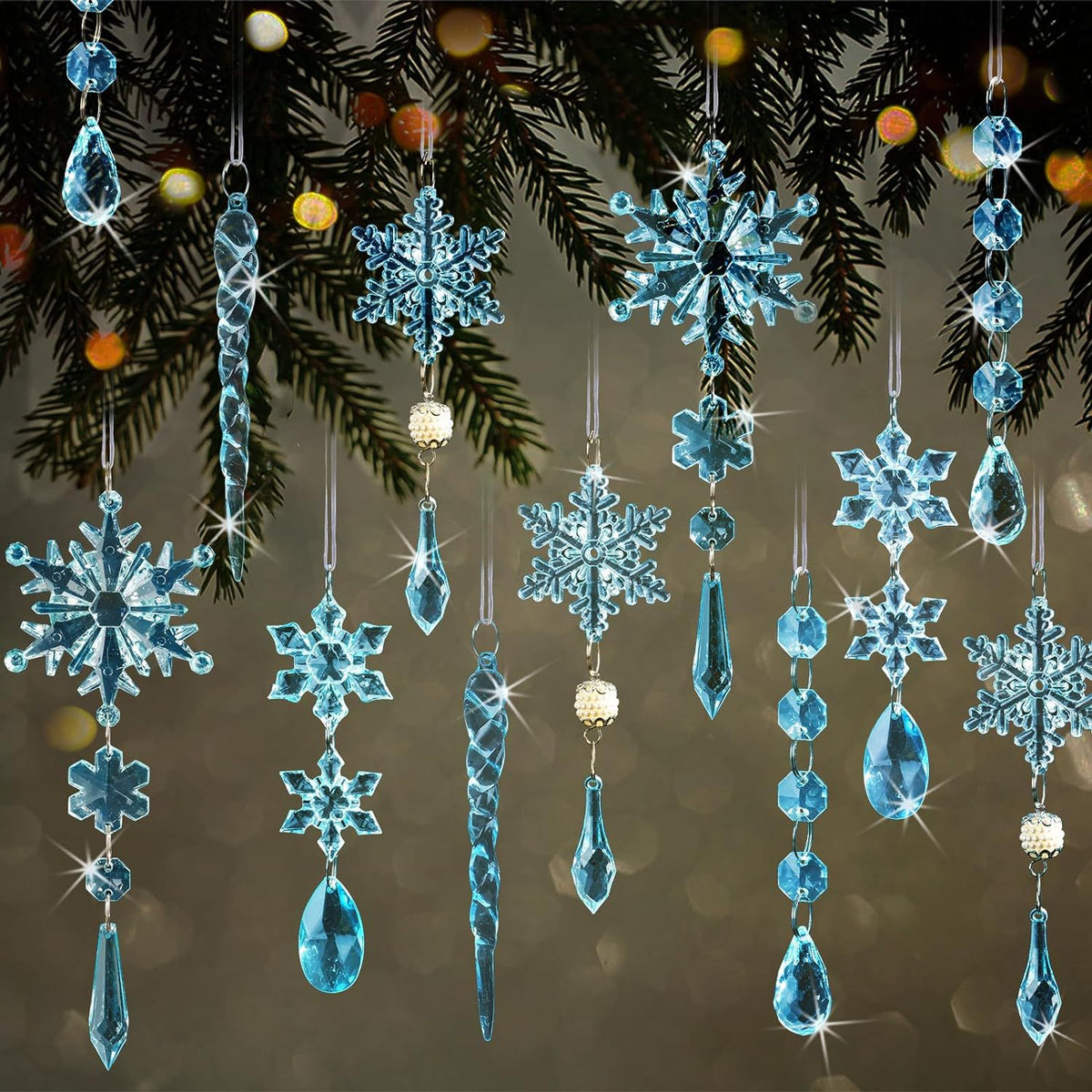 18Pcs Christmas Tree Decoration Crystal Christmas Decorations Hanging Acrylic Snowflakes and Icicles Christmas Tree Pendants