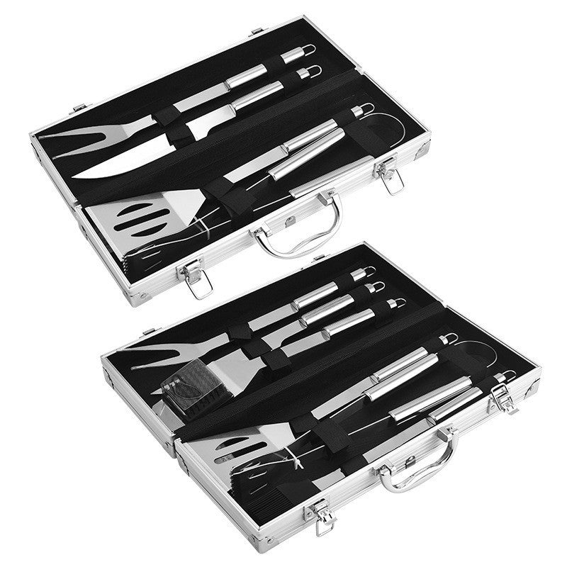 Small tube handle aluminum box grill suit BBQ outdoor barbecue tools suit stainless steel small tube handle barbecue utensils